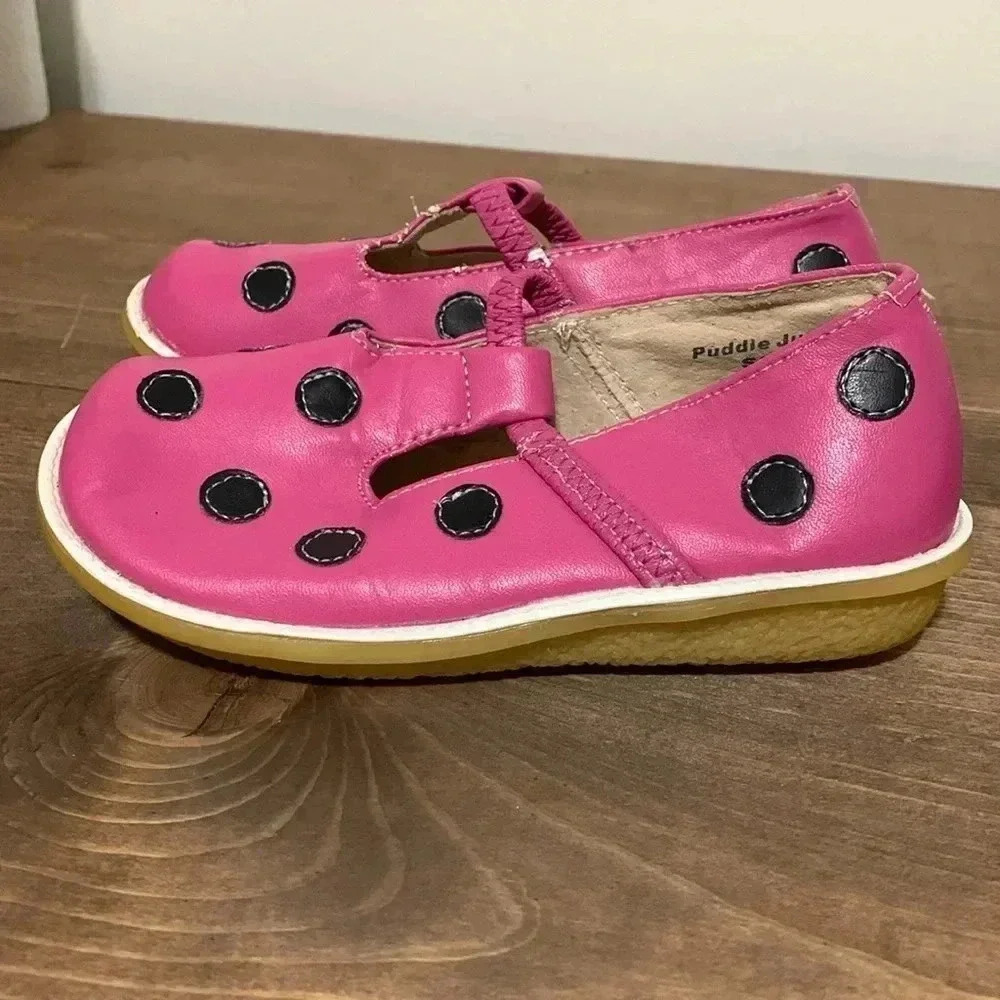 Girls Puddle Jumper Shoes Size 10 Pink With Black Polka‎ Dots EUC